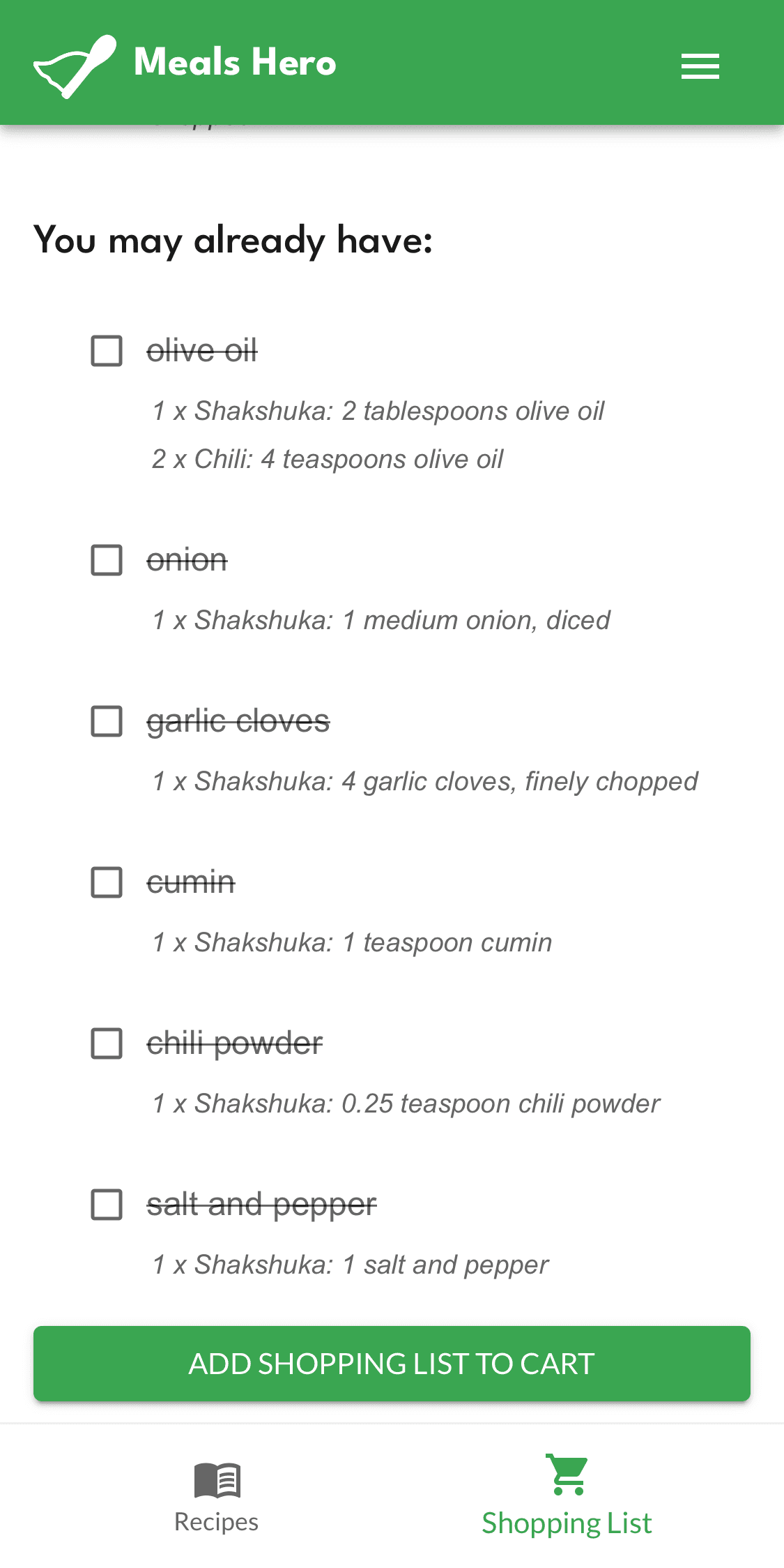 Shopping list with staples removed