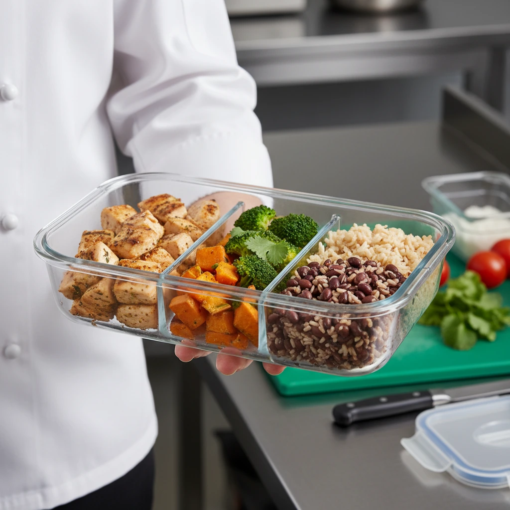 Chef holding meal prepped food